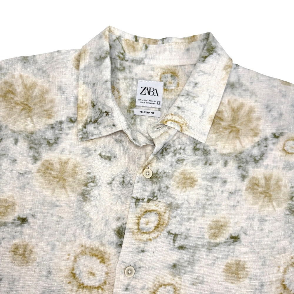 ZARA Mens Relaxed Fit Floral Print Shirt Sz Lg Short Sleeve Viscose Linen Blend‎